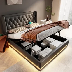 Redom Canapé-lit 140x200 cm convertible coffre hydraulique, LED 3 côtés, tête de lit USB-C, simili cuir noir Online