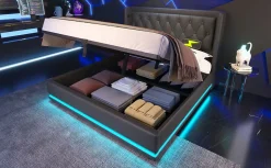 Redom Canapé-lit 140x200 cm convertible coffre hydraulique, LED 3 côtés, tête de lit USB-C, simili cuir noir Online