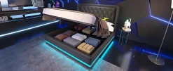 Redom Canapé-lit 140x200 cm convertible coffre hydraulique, LED 3 côtés, tête de lit USB-C, simili cuir noir Online