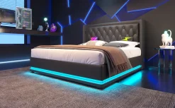 Redom Canapé-lit 140x200 cm convertible coffre hydraulique, LED 3 côtés, tête de lit USB-C, simili cuir noir Online