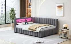 Redom Canapé-lit 140x200 cm en L convertible, revêtement velours gris, bande LED changeante et port USB, cadre lattenrost robuste