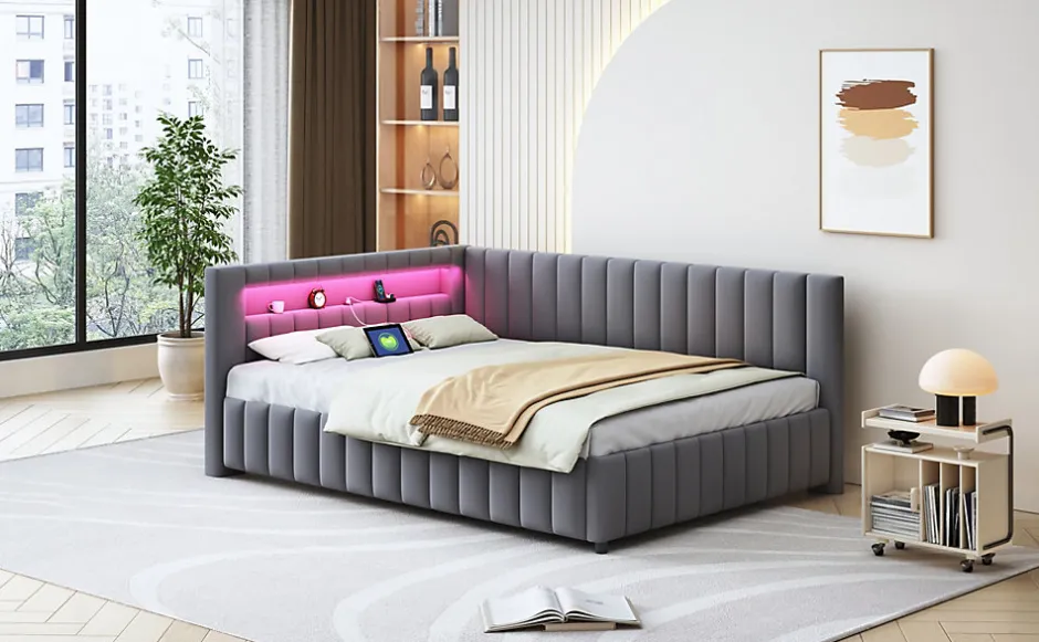 Redom Canapé-lit 140x200 cm en L convertible, revêtement velours gris, bande LED changeante et port USB, cadre lattenrost robuste
