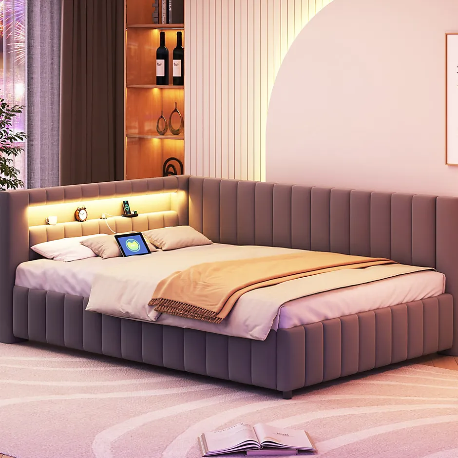 Redom Canapé-lit 140x200 cm en L convertible, revêtement velours gris, bande LED changeante et port USB, cadre lattenrost robuste