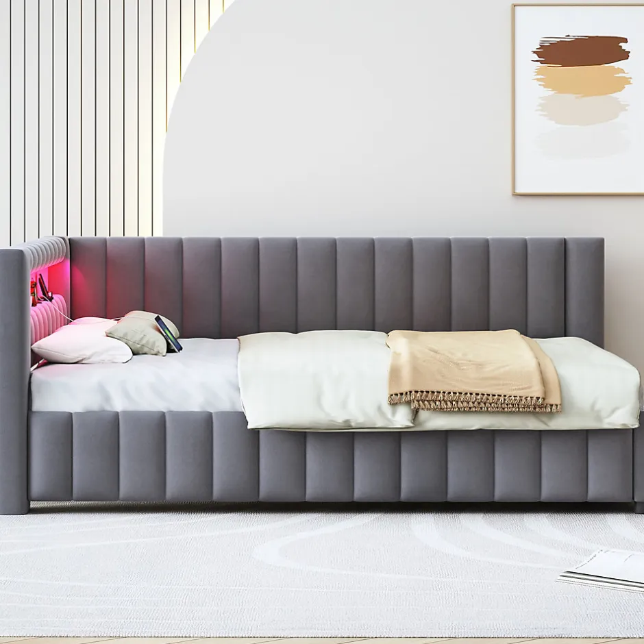 Redom Canapé-lit 140x200 cm en L convertible, revêtement velours gris, bande LED changeante et port USB, cadre lattenrost robuste