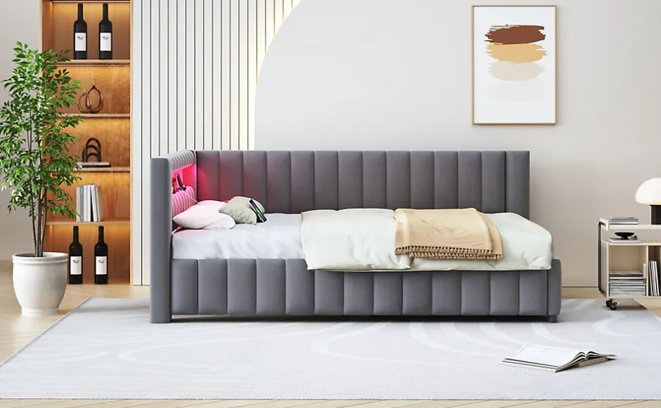 Redom Canapé-lit 140x200 cm en L convertible, revêtement velours gris, bande LED changeante et port USB, cadre lattenrost robuste