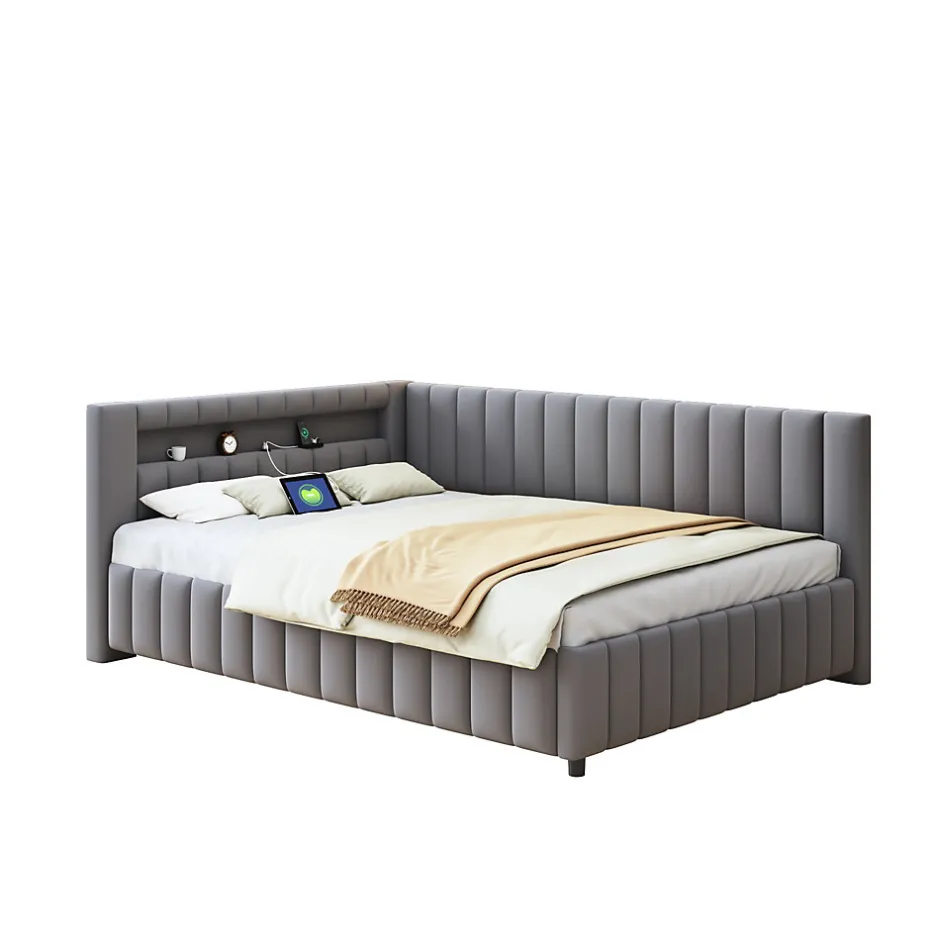 Redom Canapé-lit 140x200 cm en L convertible, revêtement velours gris, bande LED changeante et port USB, cadre lattenrost robuste