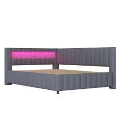 Redom Canapé-lit 140x200 cm en L convertible, revêtement velours gris, bande LED changeante et port USB, cadre lattenrost robuste