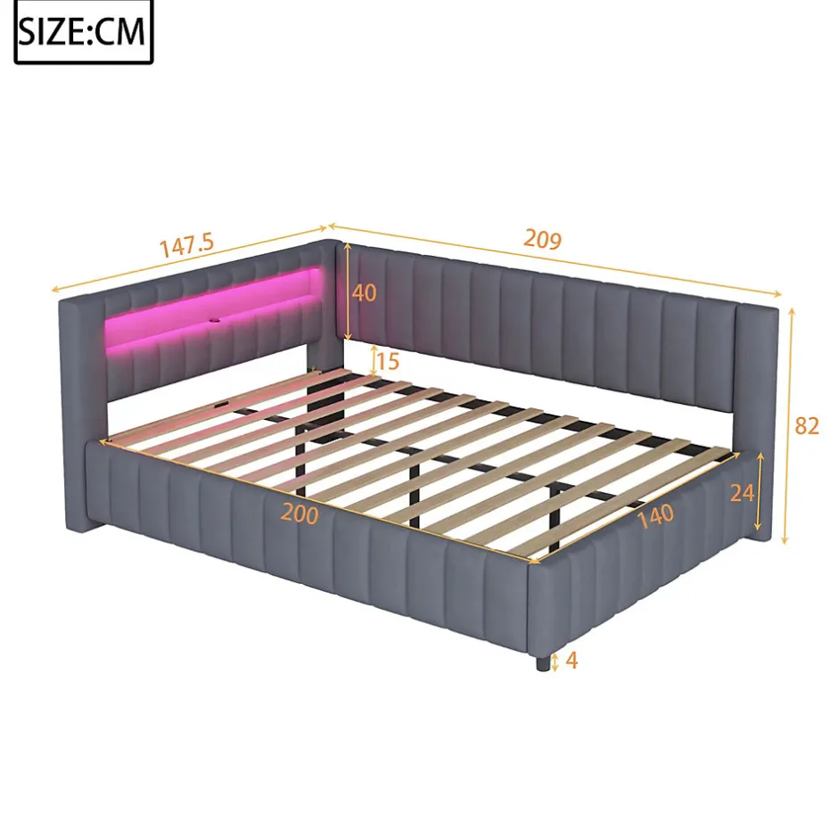 Redom Canapé-lit 140x200 cm en L convertible, revêtement velours gris, bande LED changeante et port USB, cadre lattenrost robuste