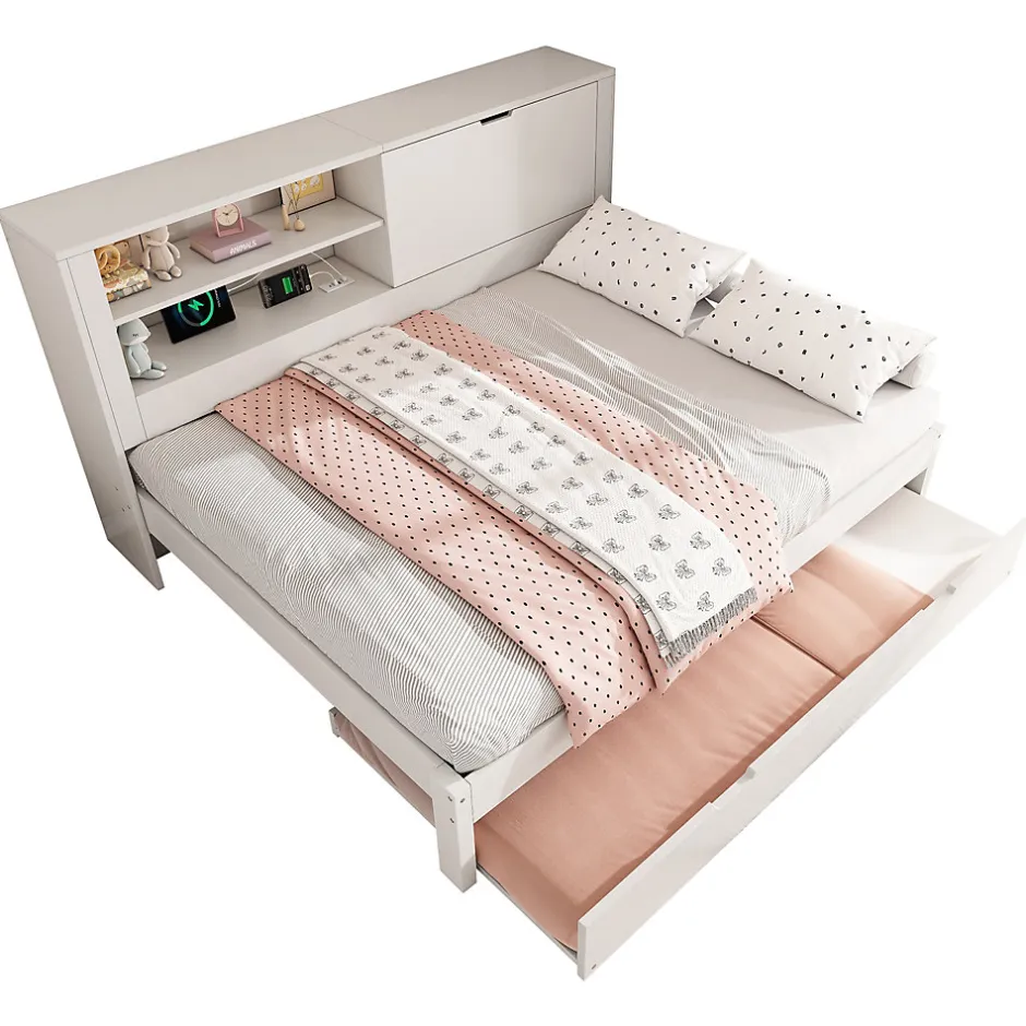 ModernLuxe Canapé-lit 140x190cm - lit gigogne - USB et Type-C - rangements - blanc (matelas non inclus)