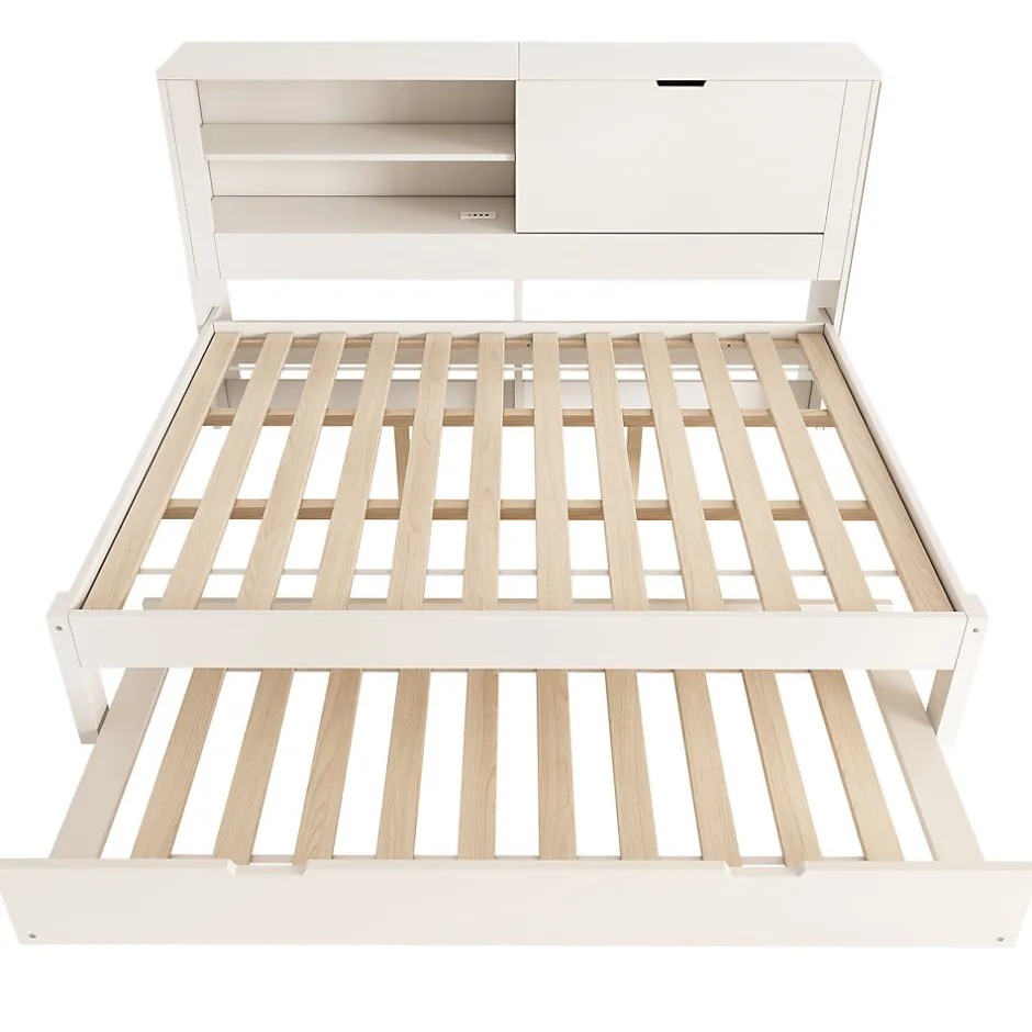 ModernLuxe Canapé-lit 140x190cm - lit gigogne - USB et Type-C - rangements - blanc (matelas non inclus)