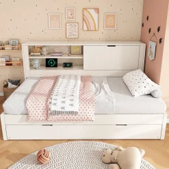 ModernLuxe Canapé-lit 90x190cm - lit gigogne - USB et Type-C - rangements - blanc (matelas non inclus) Hot