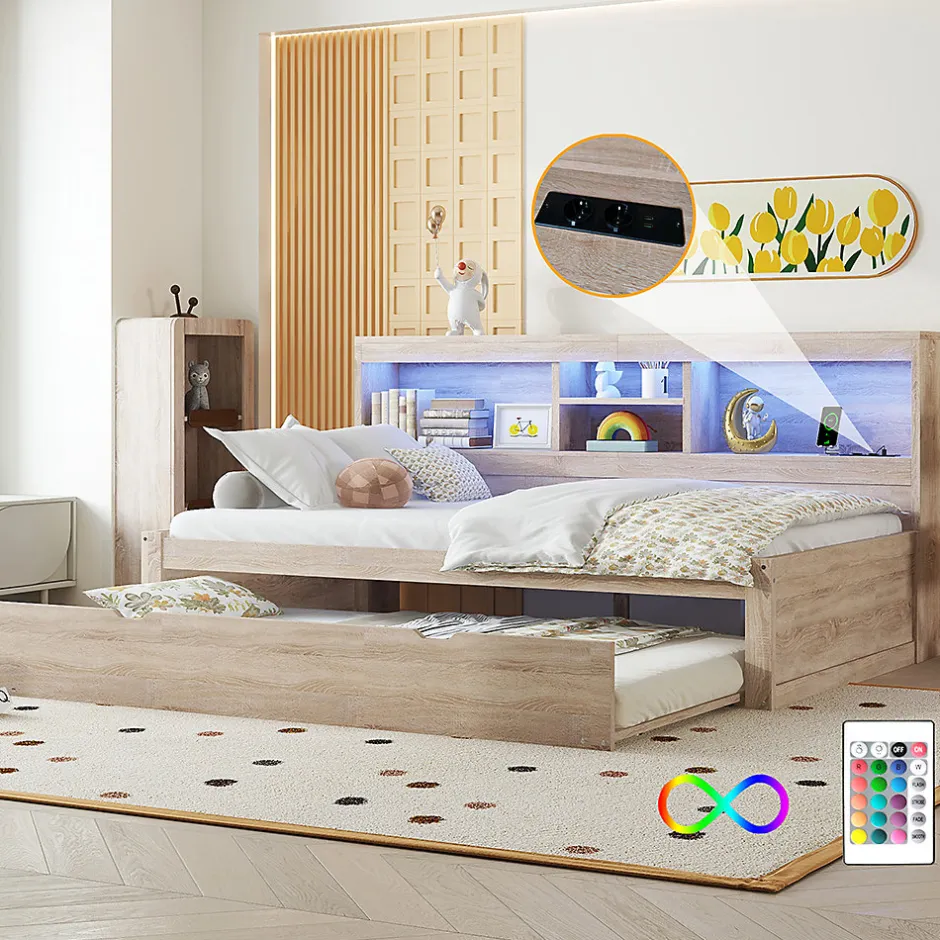 Blackcolors Canapé-lit 90x200cm LED télécommandé rangement prise/USB sans matelas naturel