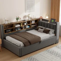 Blackcolors Canapé-lit 90x200cm, rangement hydraulique, USB/Type-C, velours gris foncé New