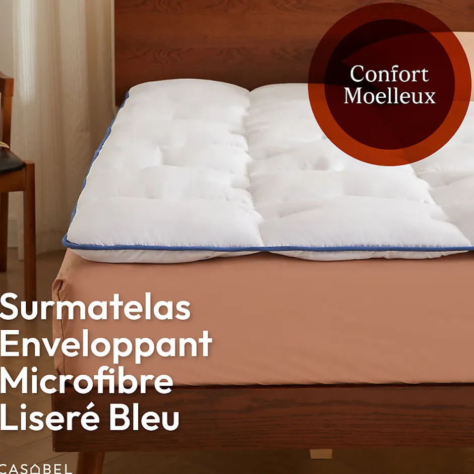 Casabel surmatelas enveloppant 180x200 cm en microfibre respirante, ultra moelleux, anti-acariens, avec liseré bleu