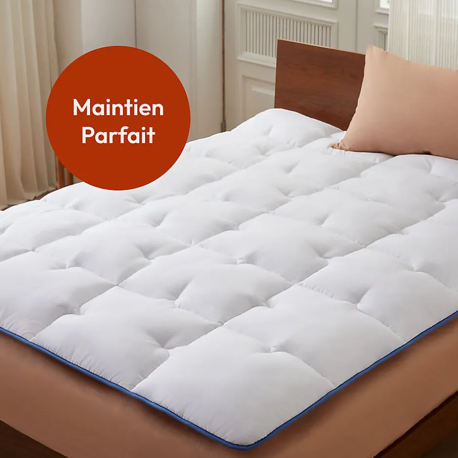 Casabel surmatelas enveloppant 180x200 cm en microfibre respirante, ultra moelleux, anti-acariens, avec liseré bleu