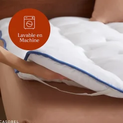 Casabel surmatelas enveloppant 140x200 cm en microfibre respirante, ultra moelleux, anti-acariens, avec liseré bleu