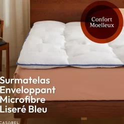Casabel surmatelas enveloppant 160x200 cm en microfibre respirante, ultra moelleux, anti-acariens, avec liseré bleu