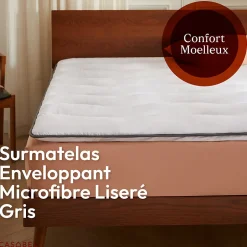 Casabel Surmatelas 140x200 cm en Microfibre Rerspirante, Ultra Moelleux, Anti-Acariens, Liseré Gris, Idéal Matelas 2 places
