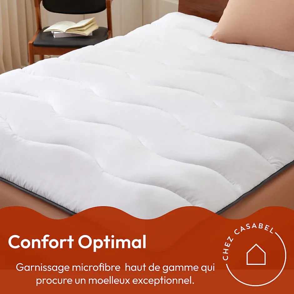 Casabel Surmatelas 140x190 cm en Microfibre Rerspirante, Ultra Moelleux, Anti-Acariens, Liseré Gris, Idéal Matelas 2 places
