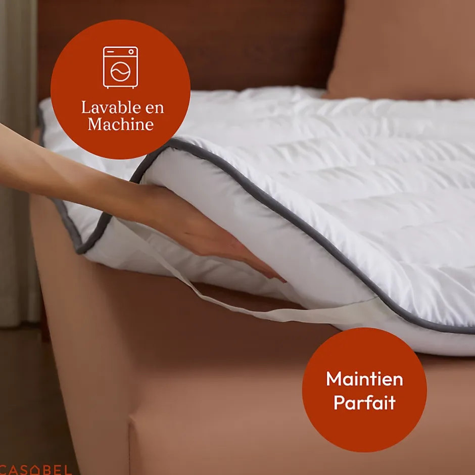 Casabel Surmatelas 160x200 cm en Microfibre Rerspirante, Ultra Moelleux, Anti-Acariens, Liseré Gris, Idéal Matelas 2 places Sale