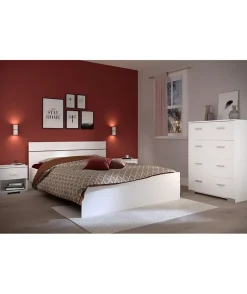 Parisot Chambre complete BOSTON : Lit adulte 140x190 + Commode + 1 Chevet - Décor blanc - Fabriqué en France New