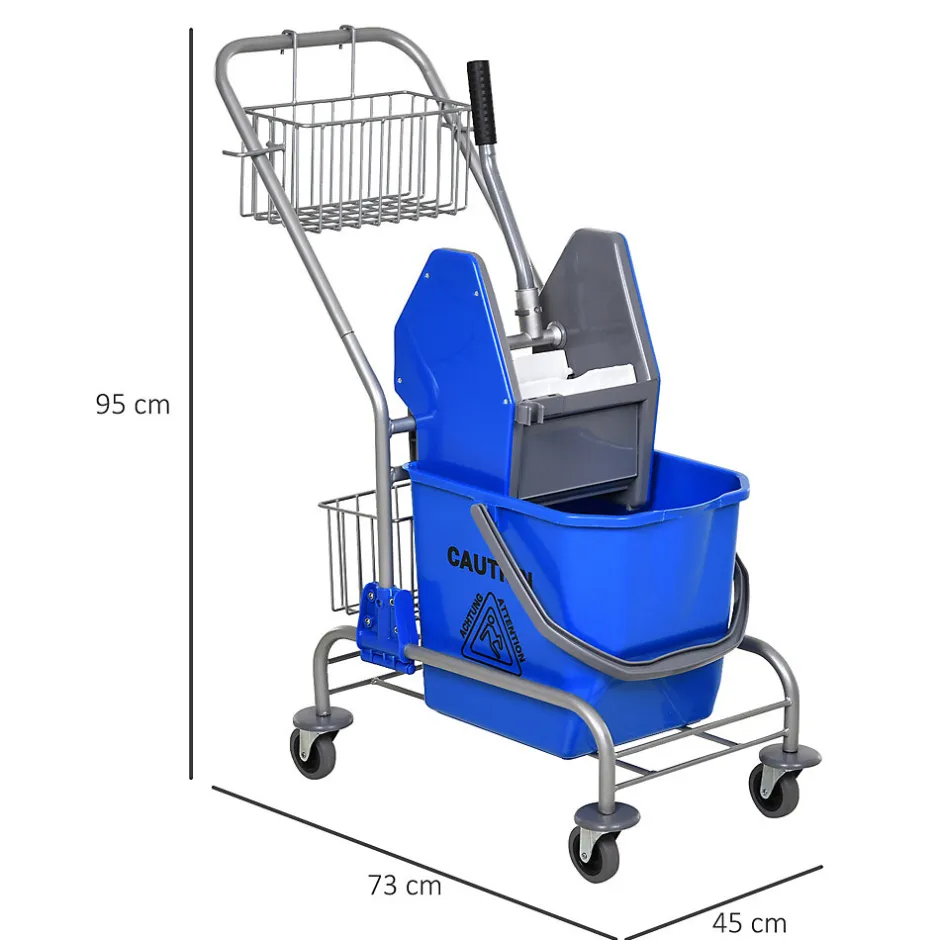 Homcom Chariot de lavage chariot de nettoyage professionnel en acier presse à mâchoire seau + rangements bleu