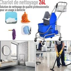 Homcom Chariot de lavage chariot de nettoyage professionnel en acier presse à mâchoire seau + rangements bleu