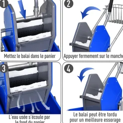 Homcom Chariot de lavage chariot de nettoyage professionnel en acier presse à mâchoire seau + rangements bleu
