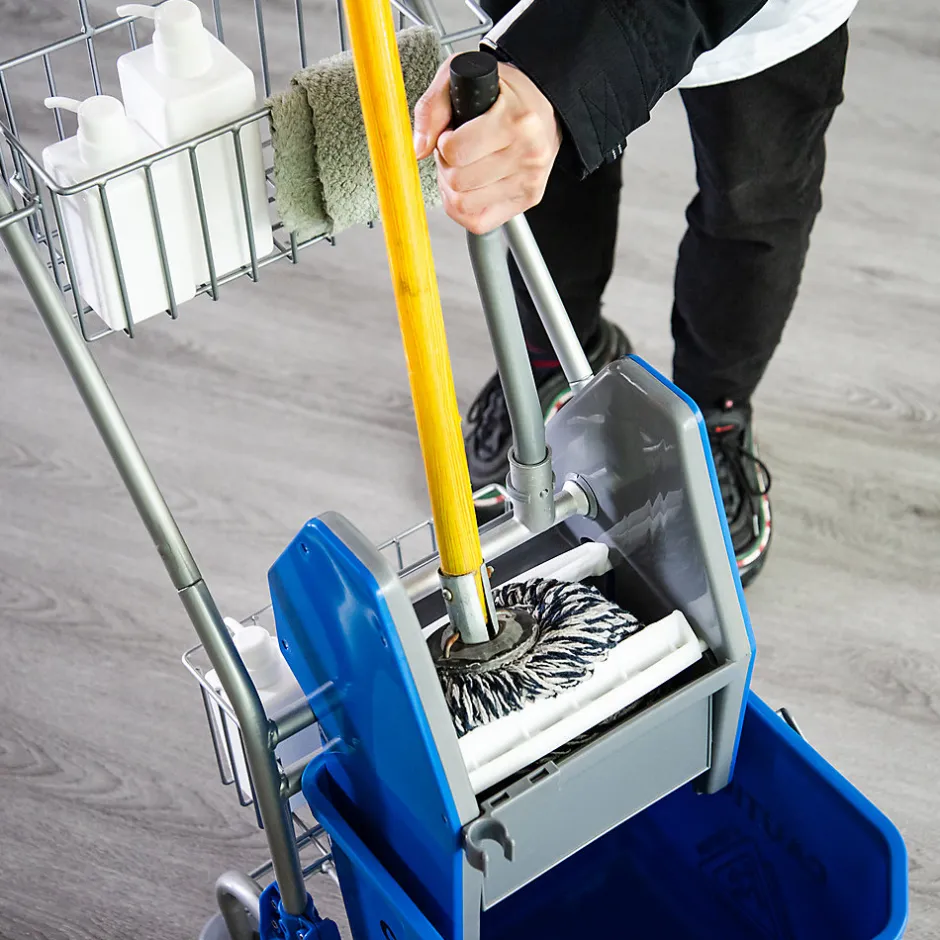 Homcom Chariot de lavage chariot de nettoyage professionnel en acier presse à mâchoire seau + rangements bleu