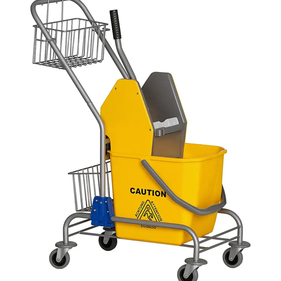 Homcom Chariot de lavage chariot de nettoyage professionnel en acier presse à mâchoire seau + rangements jaune