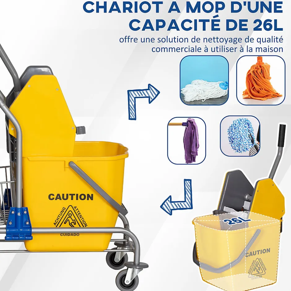 Homcom Chariot de lavage chariot de nettoyage professionnel en acier presse à mâchoire seau + rangements jaune