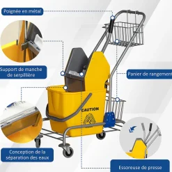 Homcom Chariot de lavage chariot de nettoyage professionnel en acier presse à mâchoire seau + rangements jaune