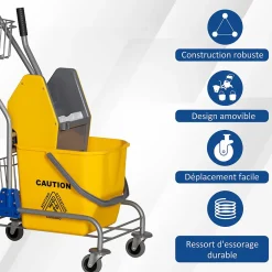 Homcom Chariot de lavage chariot de nettoyage professionnel en acier presse à mâchoire seau + rangements jaune