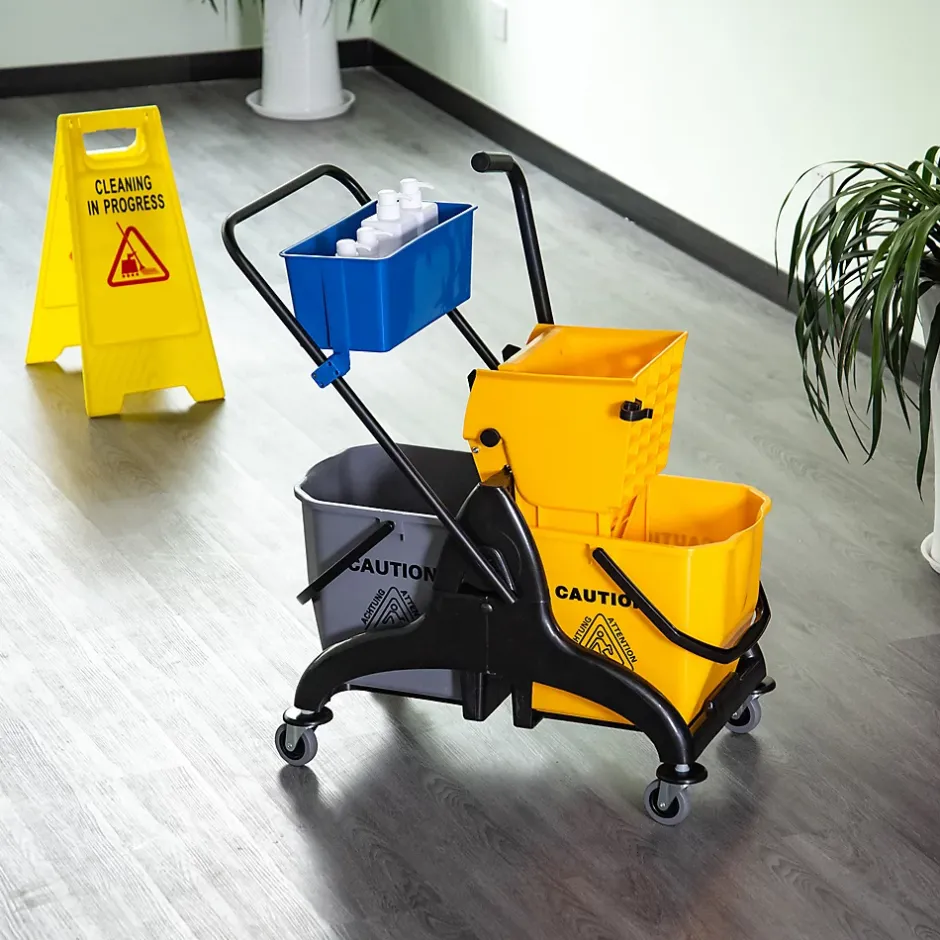Homcom Chariot de lavage chariot de nettoyage professionnel presse à mâchoire 2 seaux + rangement jaune bleu New