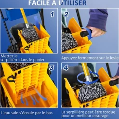 Homcom Chariot de lavage chariot de nettoyage professionnel presse à mâchoire 2 seaux + rangement jaune bleu New