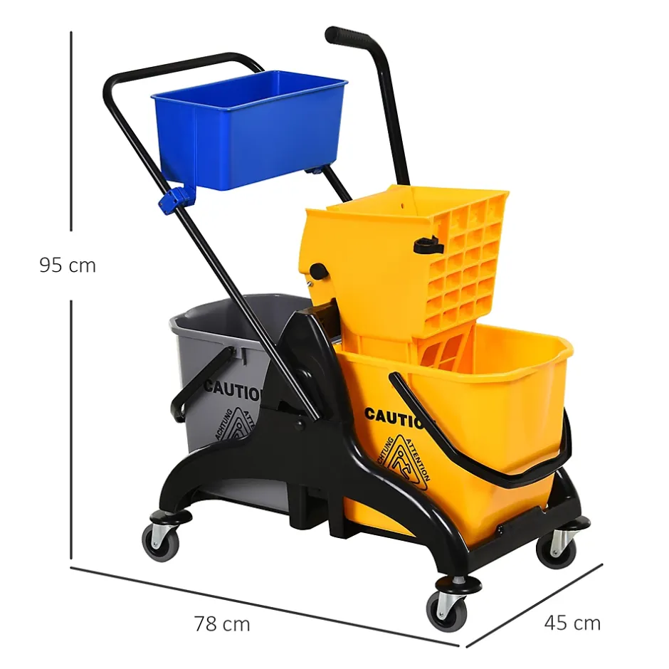 Homcom Chariot de lavage chariot de nettoyage professionnel presse à mâchoire 2 seaux + rangement jaune bleu New
