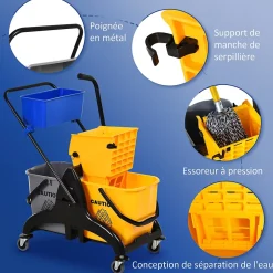 Homcom Chariot de lavage chariot de nettoyage professionnel presse à mâchoire 2 seaux + rangement jaune bleu New