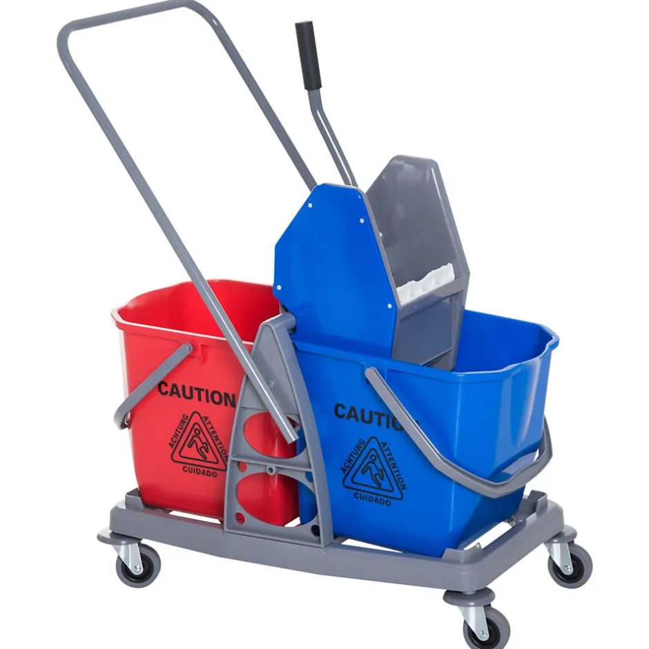 Homcom Chariot de lavage chariot de nettoyage professionnel presse à mâchoire 2 seaux 25 L 73L x 45l x 92H cm plastique gris bleu rouge