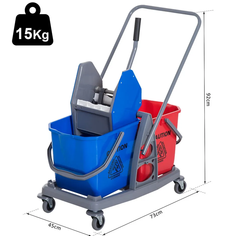 Homcom Chariot de lavage chariot de nettoyage professionnel presse à mâchoire 2 seaux 25 L 73L x 45l x 92H cm plastique gris bleu rouge