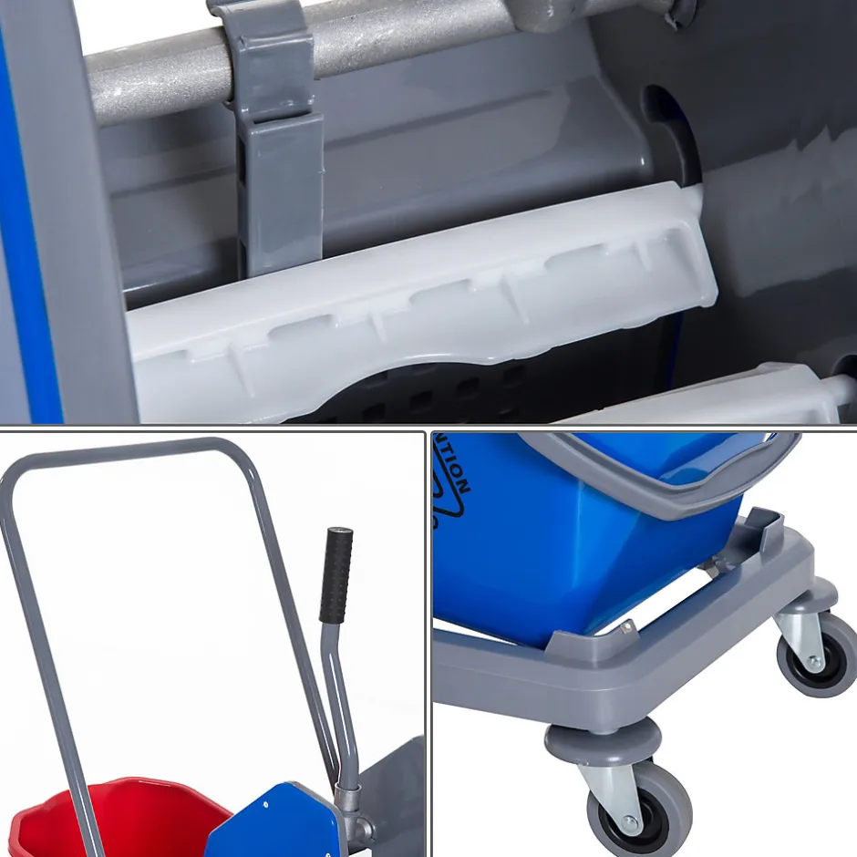 Homcom Chariot de lavage chariot de nettoyage professionnel presse à mâchoire 2 seaux 25 L 73L x 45l x 92H cm plastique gris bleu rouge