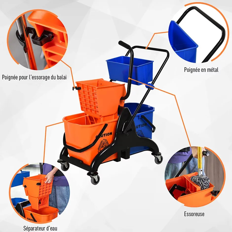 Homcom Chariot de lavage chariot de nettoyage professionnel presse à mâchoire 2 seaux + rangement orange bleu New