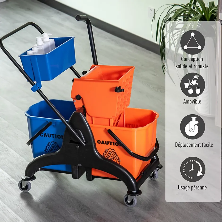 Homcom Chariot de lavage chariot de nettoyage professionnel presse à mâchoire 2 seaux + rangement orange bleu New