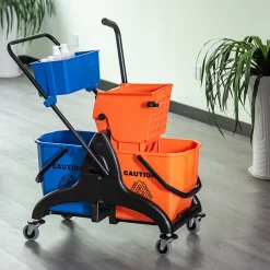 Homcom Chariot de lavage chariot de nettoyage professionnel presse à mâchoire 2 seaux + rangement orange bleu New