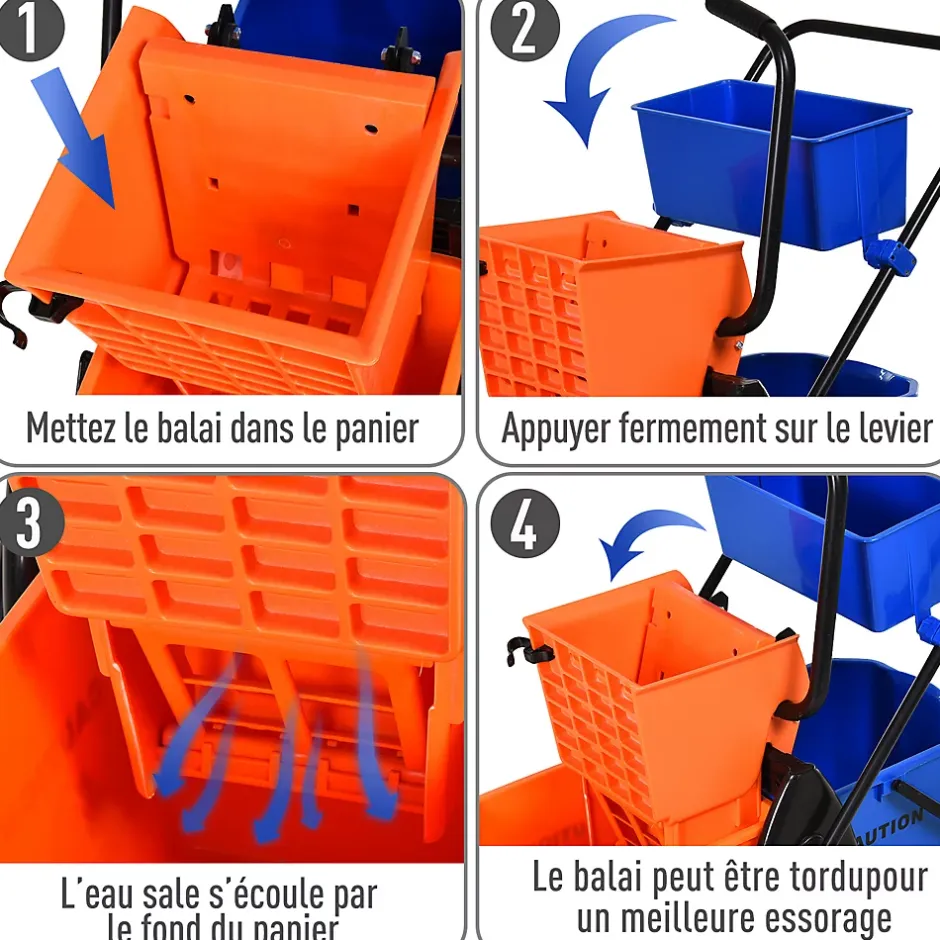 Homcom Chariot de lavage chariot de nettoyage professionnel presse à mâchoire 2 seaux + rangement orange bleu New