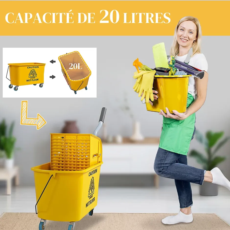 Homcom Chariot de ménage chariot de lavage nettoyage professionnel essoreuse latérale seau 20L poignée et serpillère jaune New