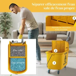 Homcom Chariot de ménage chariot de lavage nettoyage professionnel essoreuse latérale seau 20L poignée et serpillère jaune New