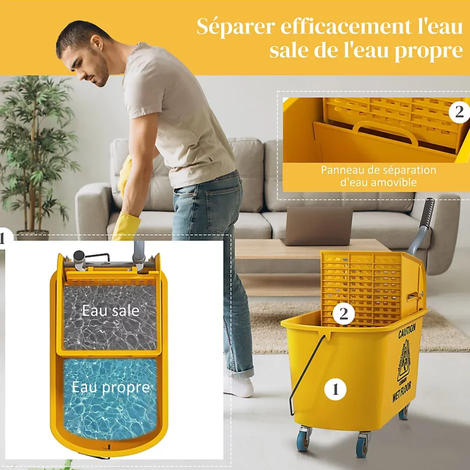 Homcom Chariot de ménage chariot de lavage nettoyage professionnel essoreuse latérale seau 20L poignée et serpillère jaune New