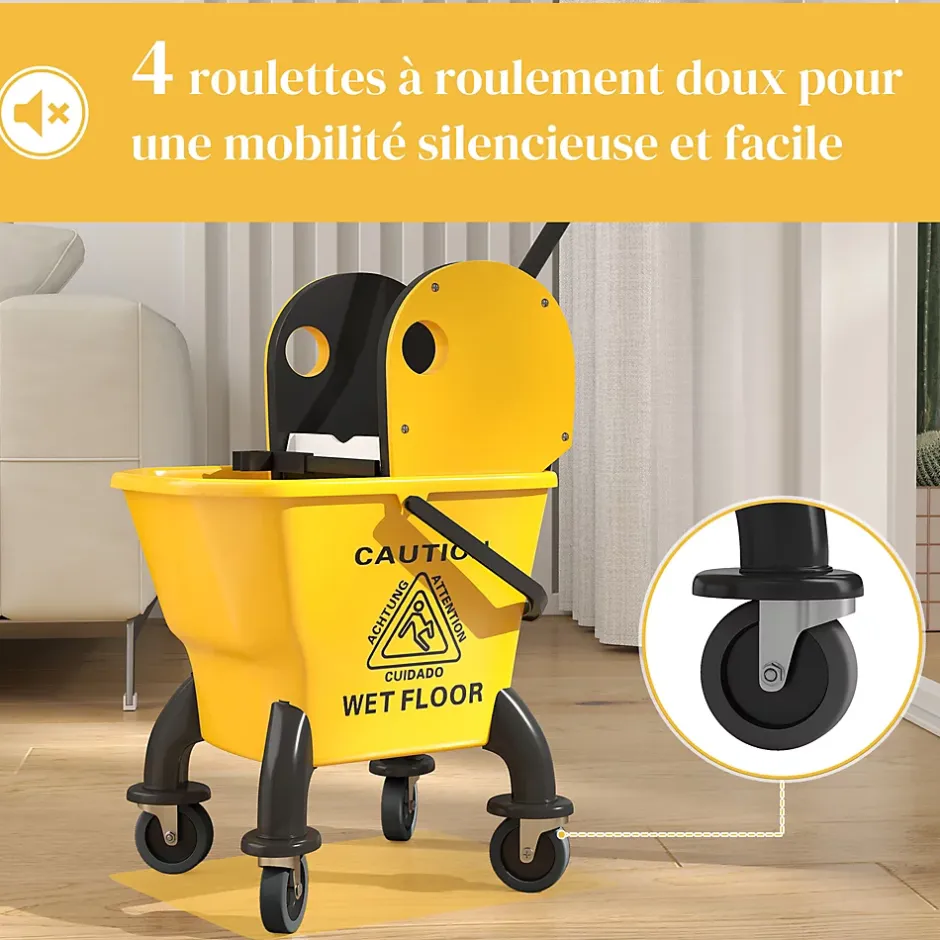 Homcom Chariot de ménage chariot de lavage chariot de nettoyage avec essoreuse à pression seau 26L et serpillère jaune Hot