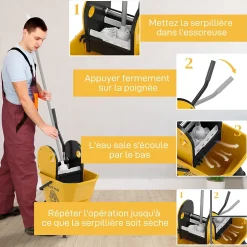 Homcom Chariot de ménage chariot de lavage chariot de nettoyage avec essoreuse à pression seau 26L et serpillère jaune Hot