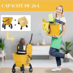 Homcom Chariot de ménage chariot de lavage chariot de nettoyage avec essoreuse à pression seau 26L et serpillère jaune Hot